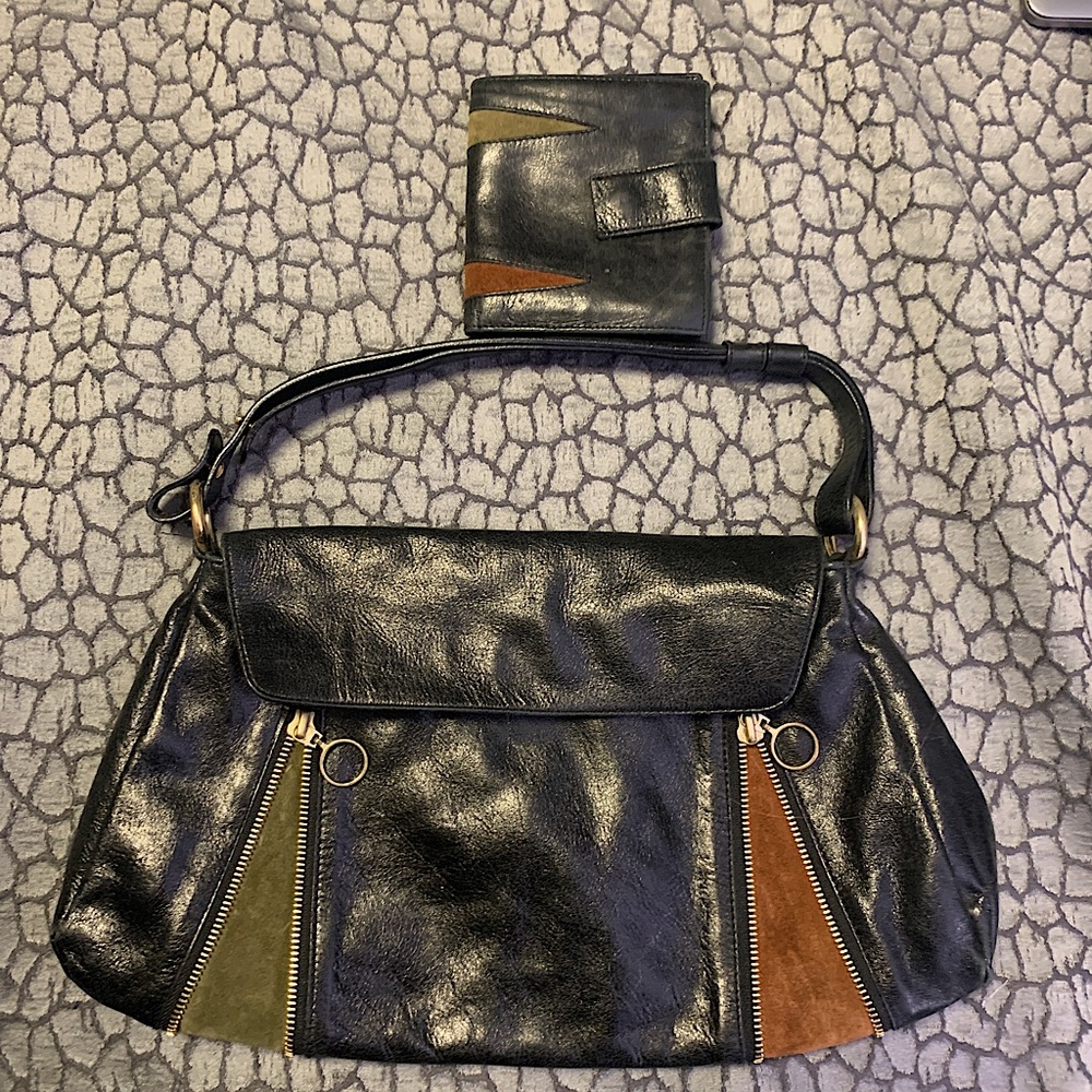 Mazzini Black Leather Clutch with Wallet - Brown and Green Accents